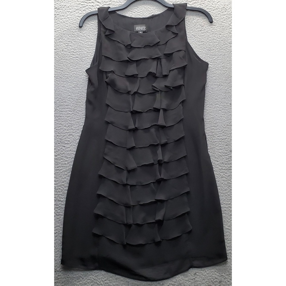 Adrianna Papell Cocktail Dress Women 12 Black Chiffon Ruffle Sleeveless Side Zip